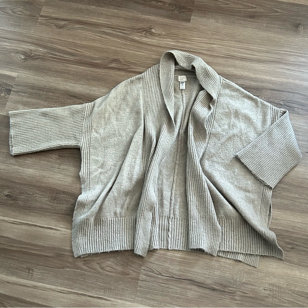 A New Day Beige Boxy Cut 3/4 Sleeve Open Front Cardigan Women OSFM